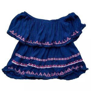 Piper by Townsen Off The Shoulder Top Navy Blue Pink Size XS Ruffles Tiered